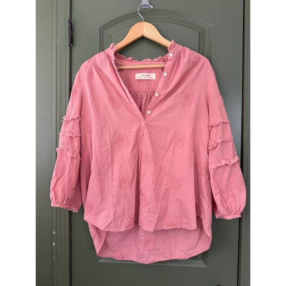 Isabella Sinclair Anthropologie Sunflower Embroidered Blouse Top Pink Medium - Picture 3 of 9